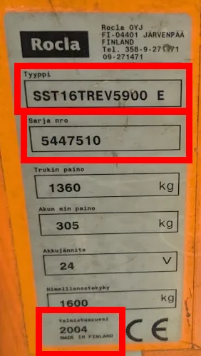 Rocla tyyppikilven sijainti ja lukuohje